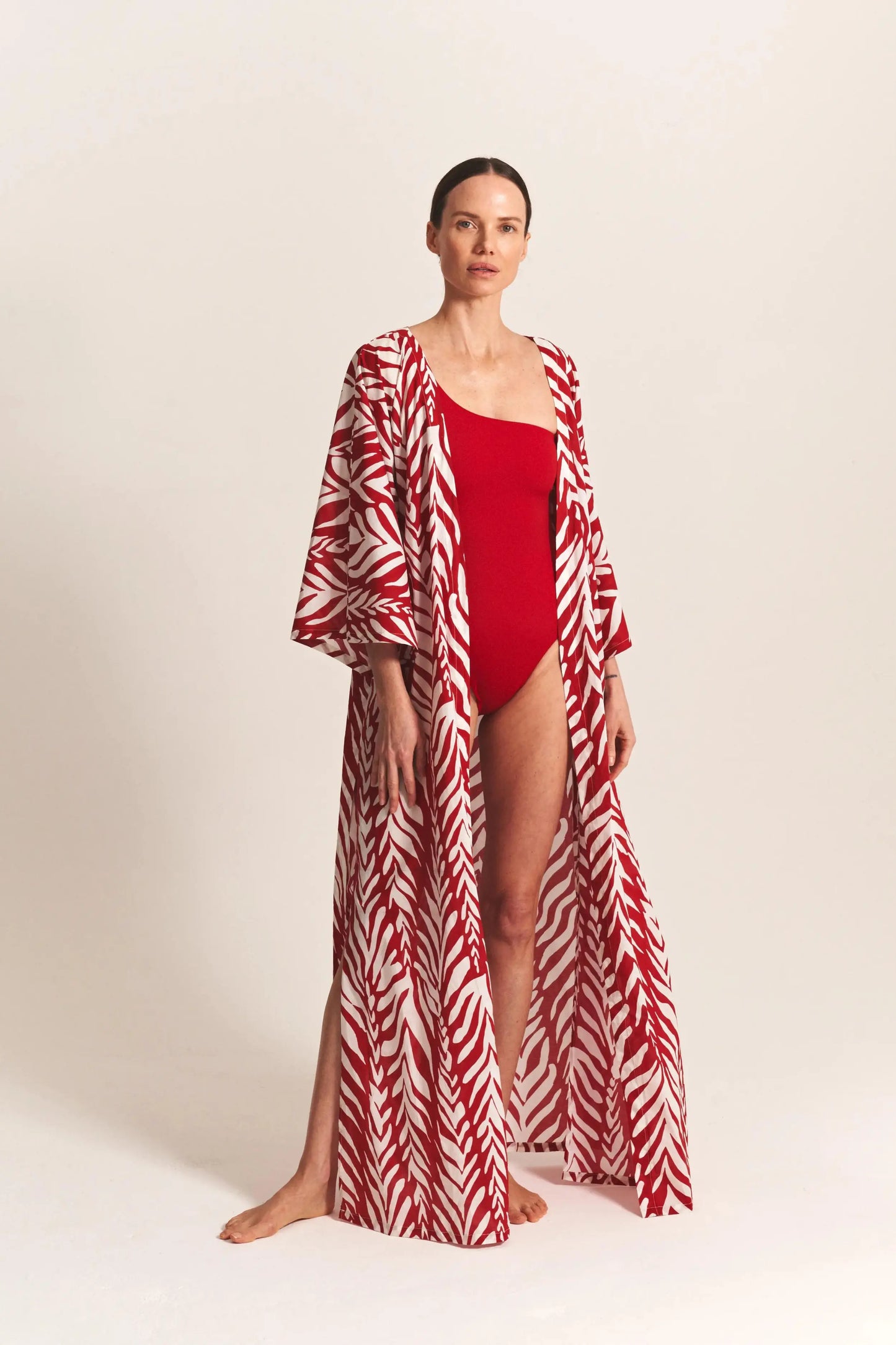 jodie coco one piece in ruby and long kimono in flame waves by alicia