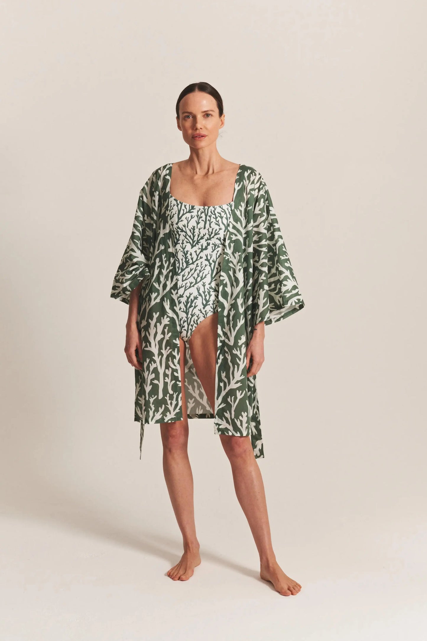 valeria one piece and short kimono in jungle coral by alicia