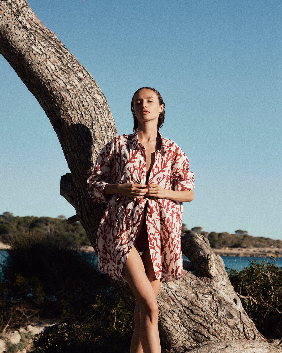 OVERSIZED SHIRT COVER-UP IN DEEP CORAL