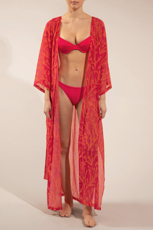 LONG KIMONO IN SUNSET CORAL