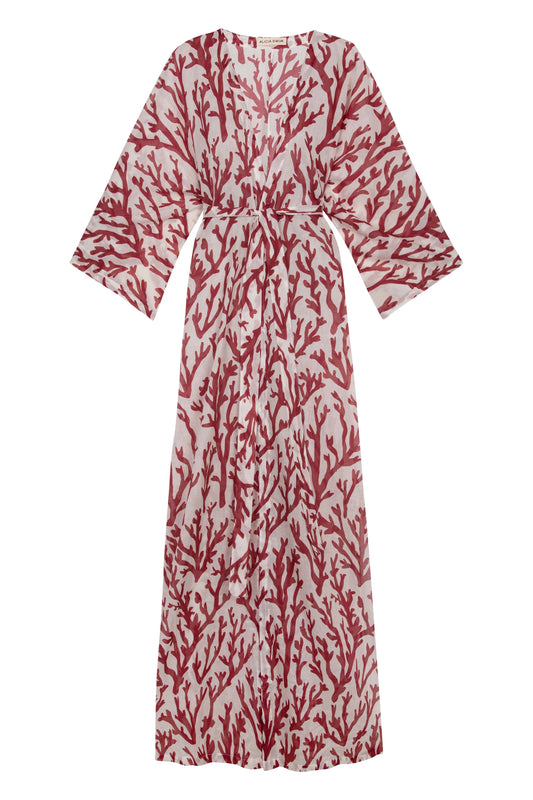 Long Kimono Cover-Up In Deep Coral By Alicia Swim